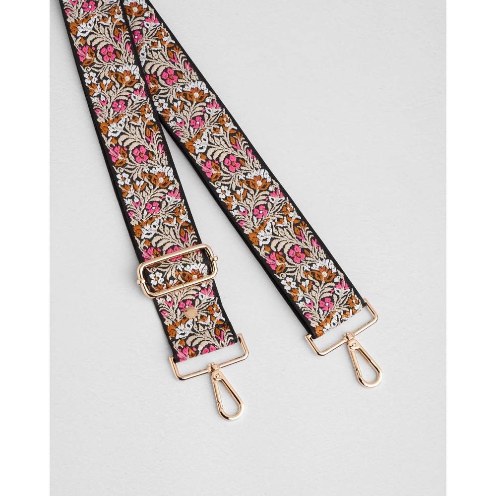 Pom Pom London Bag Strap Black Pink Floral Embroidered Adjustable Gold Hardware